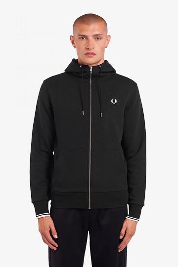 Black Fred Perry Hooded Zip Through Men's Sweatshirts | PH 1587GSOL